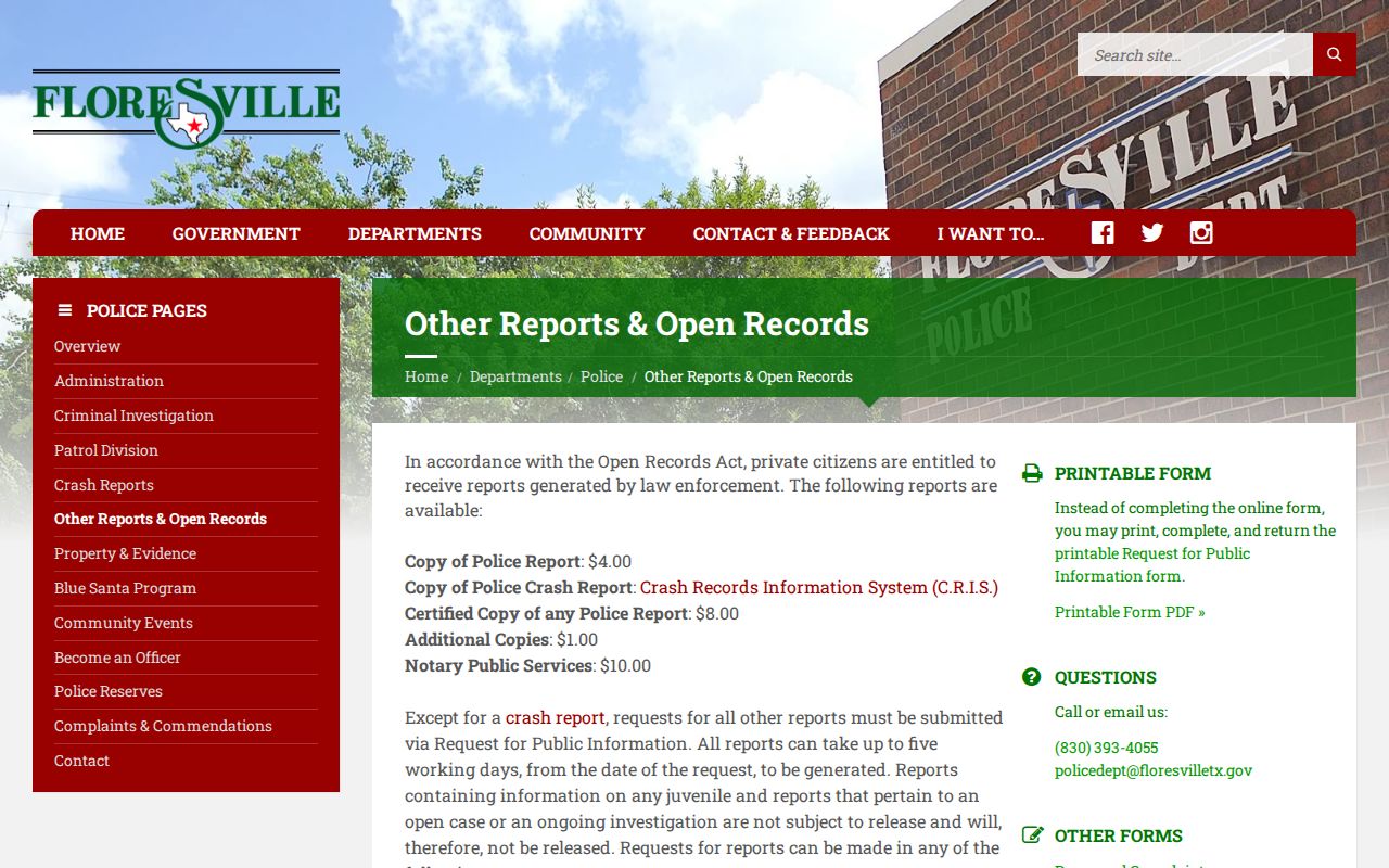 Floresville Police public-information request page for Wilson County police records